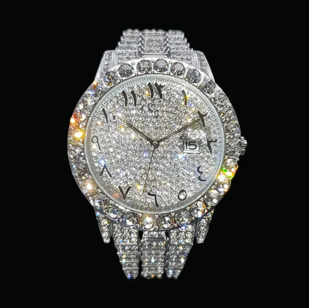Arabic Numerals Date Iced Out Watch – Luxury Hip Hop Jewelry Watch for Men - CaratixJewelry